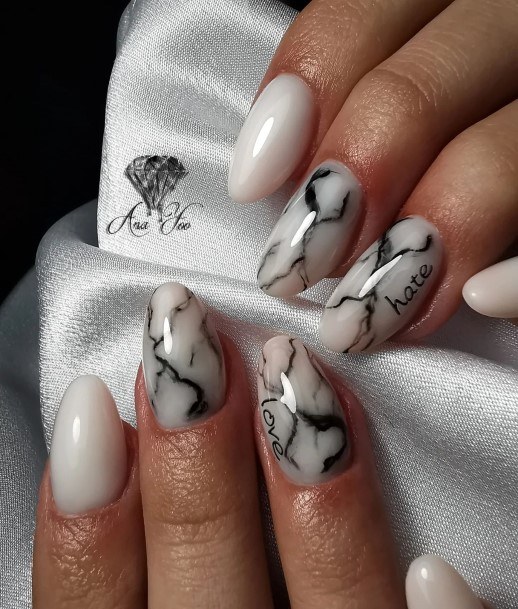 Impressive Ladies Black And White Marble Nail