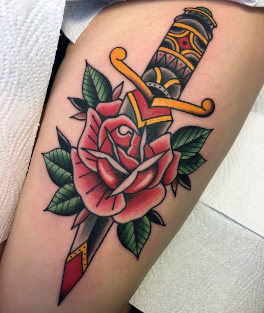 Impressive Ladies Dagger Rose Tattoo