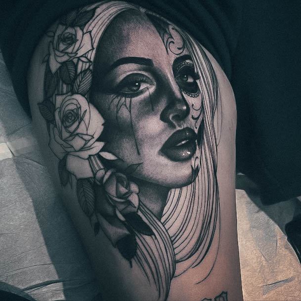 Impressive Ladies Day Of The Dead Tattoo