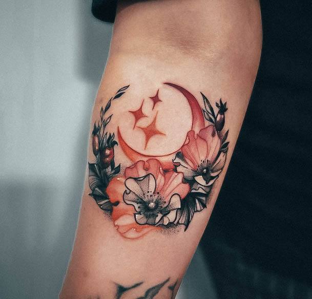 Impressive Ladies Moon And Stars Tattoo