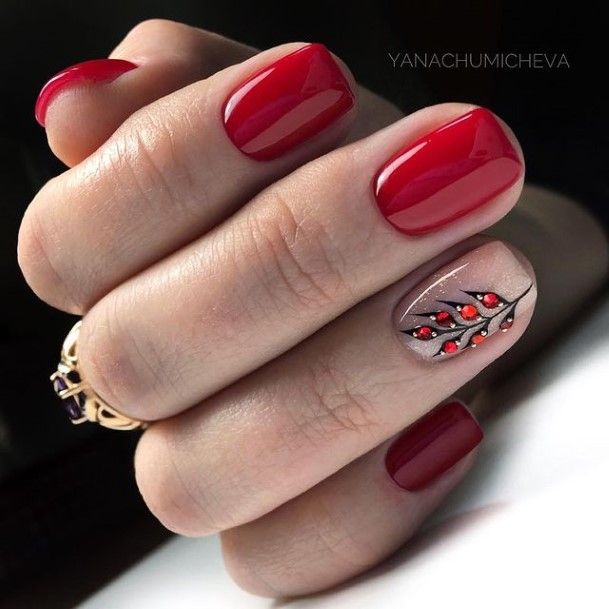 Impressive Ladies Red With Diamond Rhinestones Nail