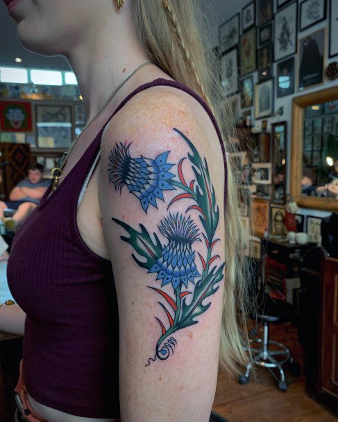 Impressive Ladies Thistle Tattoo