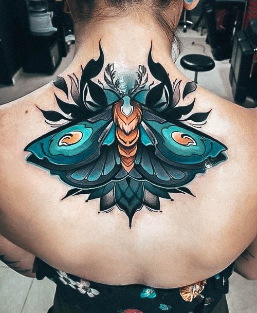 Incredible Neo Traditional Tattoo For Ladies Moth Back