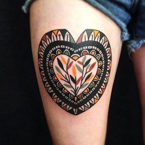Indian Leaf Art Heart Tattoo Womens Thighs