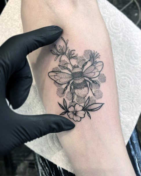 Industrious Bee And Flower Tattoo For Women