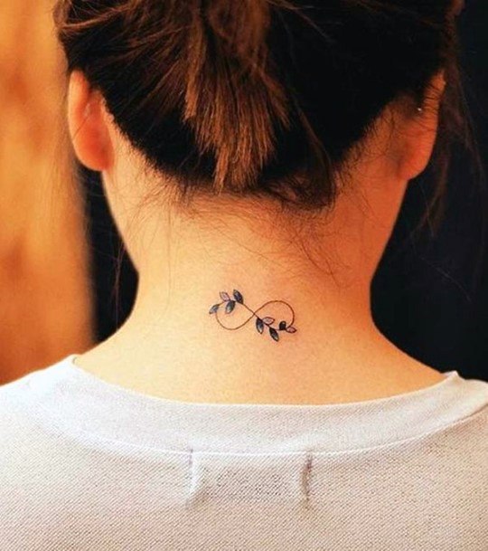 Infinity Symbol With Leaves Women Neck Tattoo