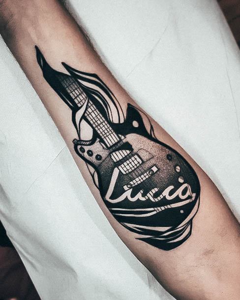 Inner Arm Negative Space Script Exquisite Guitar Tattoos On Girl