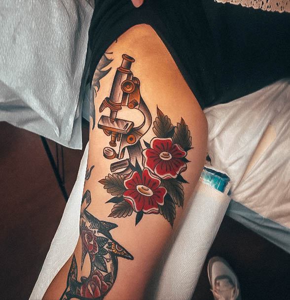 Inner Thigh Red Flowers Microscope Womens Tattoo Ideas