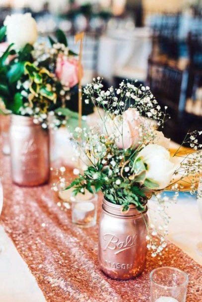 Inspirational Rose Gold Mason Jar Dazzling Table Runner Centerpiece Wedding Decor Inspiration