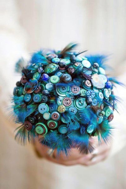 Inspirational Unique Blue Green Button Feather Wedding Bouquet Ideas