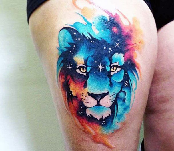 Intense Blue Lion Tattoo Womens Thighs