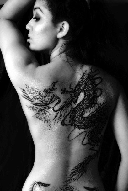 Intense Dark Dragon Tattoo Womens Back