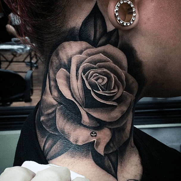 Intense Dark Rose Tattoo Womens Neck