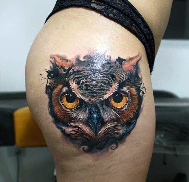 Intense Eyed Owl Tattoo For Women On Legs
