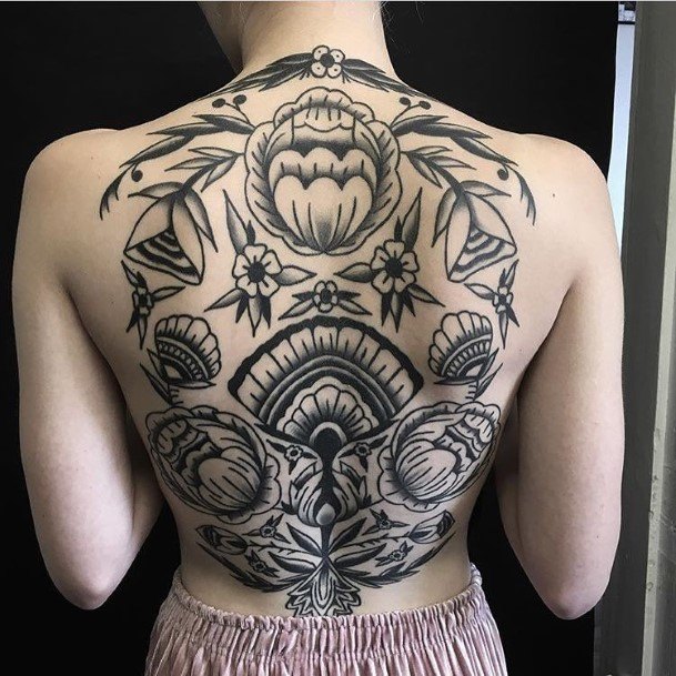 Interesting Black Tattoo Womens Back