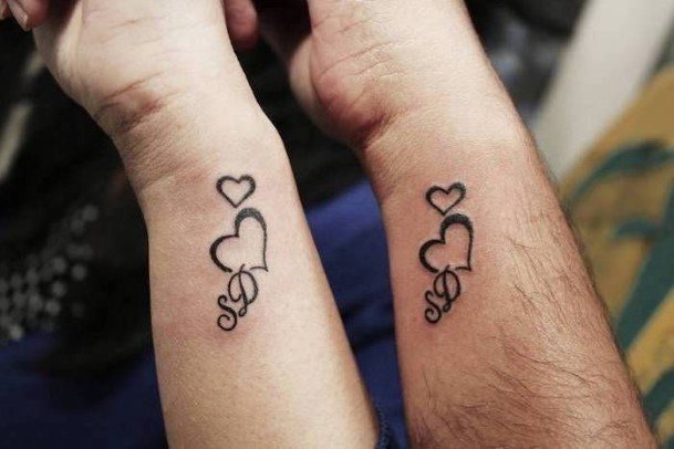 Interlocked Hearts Initials Couple Tattoo Wrists