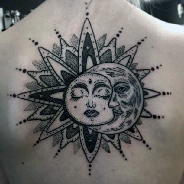 Intimate Sun And Moon Tattoo Womens Back