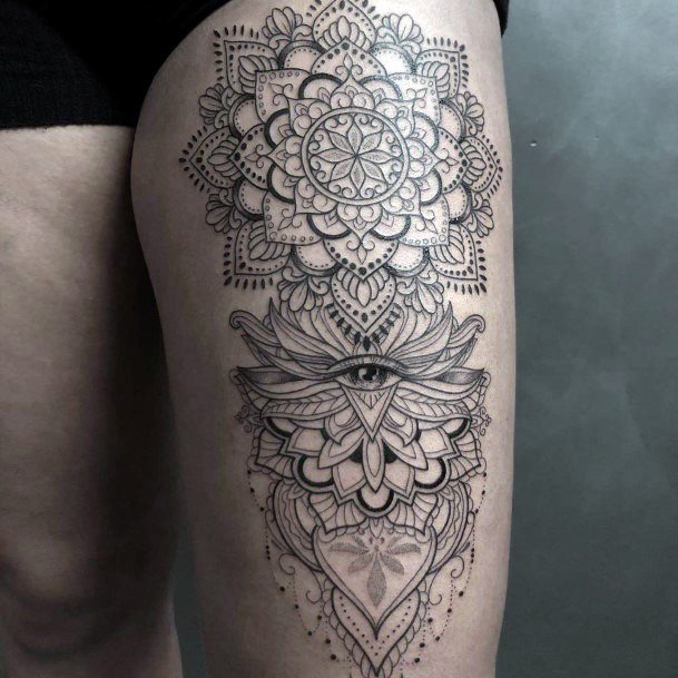 Intricate Art And Eye Tattoo Womens Thighs