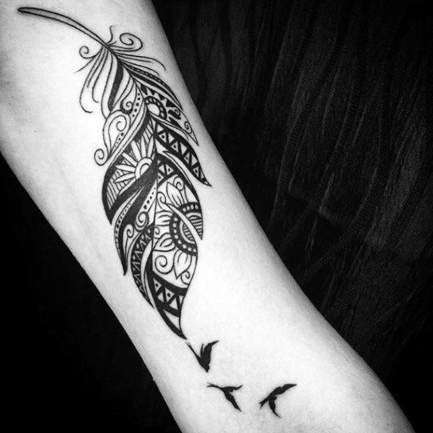 Intricate Art Feather Black Tattoo Women