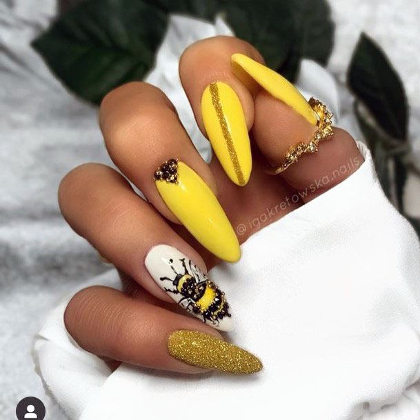 Intricate Bee Design On Gleaming Yellow Nails Women
