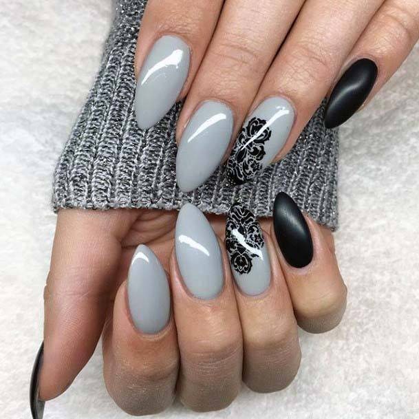 Intricate Black Rose Printed On Nails Fall Ideas