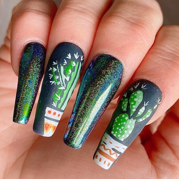 Intricate Cactus Dark Nails Women