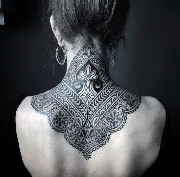 Intricate Detailing Womens Tattoo On Neck