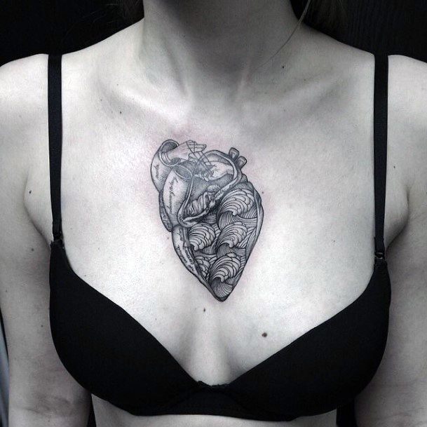 Intricate Heart Tattoo Womens Chest