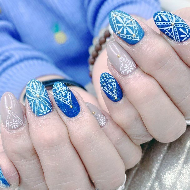 Intricate Henna Art On Blue Nail Spring Theme Women