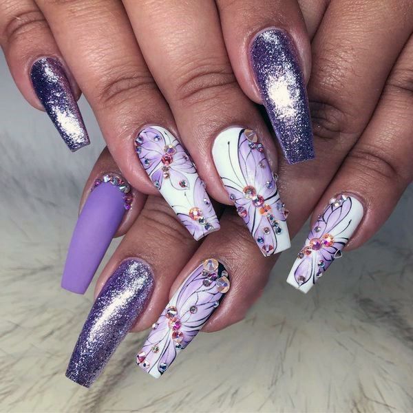 Intricate Purple Flowers And Stones On Long Purple Nails Women