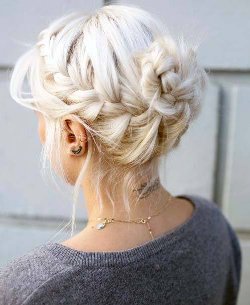 Intricate White Platinum Blonde Braided Updo Hairstyles For Women