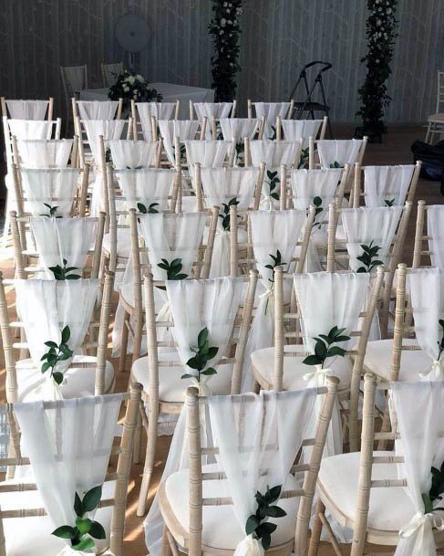 Intriguing White Sheer Curtain Green Leaves Decoration Ideas For Wedding Chairs