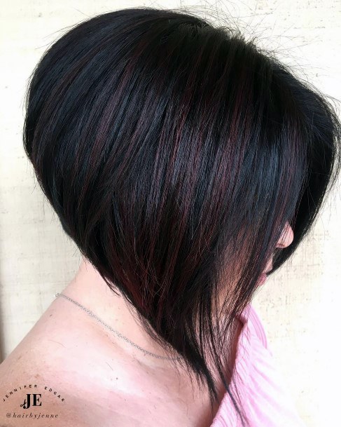 Inverted Wedge Straight Black Hair With Burgundy Highlights