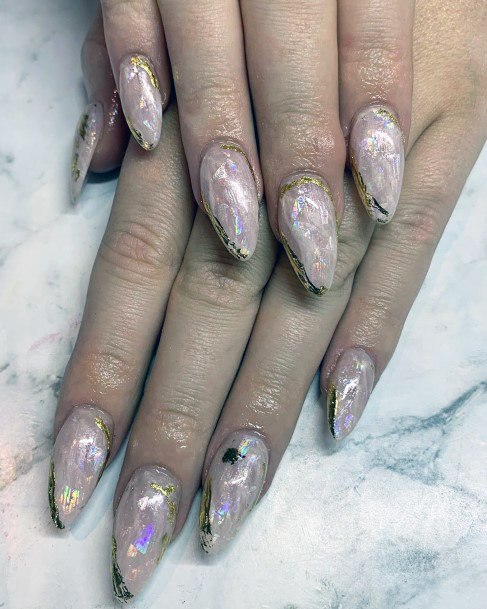 Iridescent Nails With Gold Ribbons Women