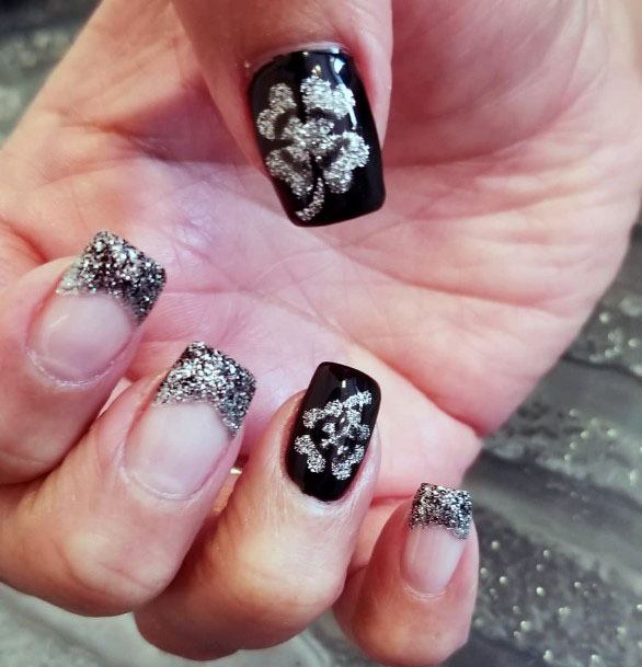 Iridescent Silver Flowers On Black Nails Women