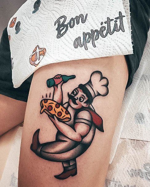 Italian Maker Thigh Creative Pizza Tattoo Designs For Women