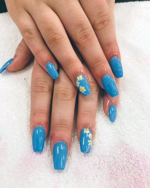 Jade Blue White Daisy On Nails