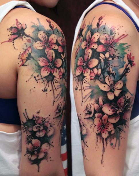 Japanese Blossoms Tattoo Womens Half Sleeve