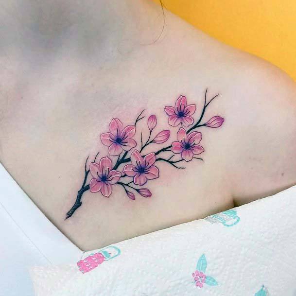 Japanese Cherry Blossoms Tattoo Womens Collarbone