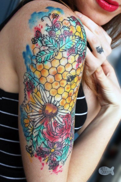 Jazzy Colored Bee Tattoo For Women On Upper Arms