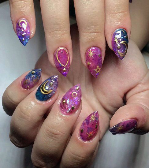 Jazzy Pink Nails With Golden Moon Women