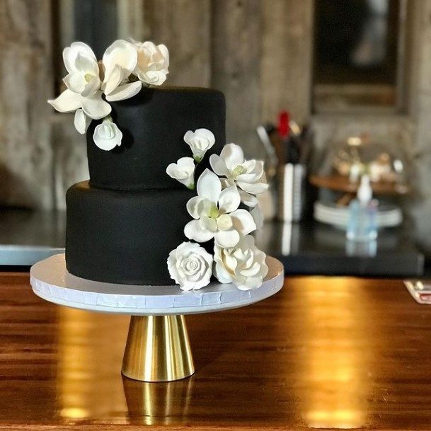 Jet Black 2 Tier Cake With White Flowers Wedding Art