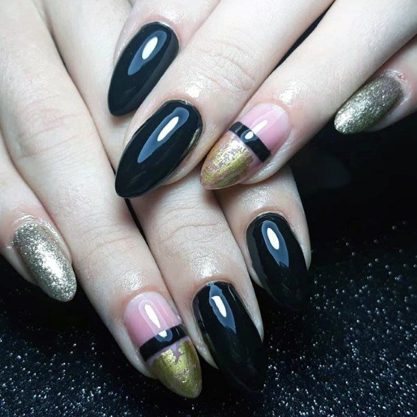 Jet Black And Golden Sparkles Shellac Nails For Women