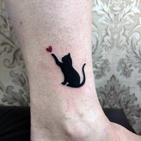 Jet Black Cat And Heart Tattoo Womens Ankles