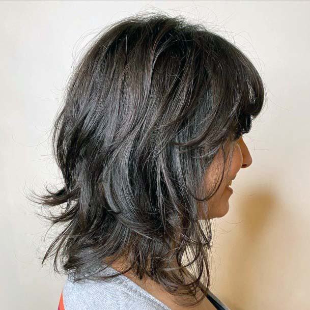 Jet Black Hair Shoulder Length Layered Hair From Bangs To Shoulder Length