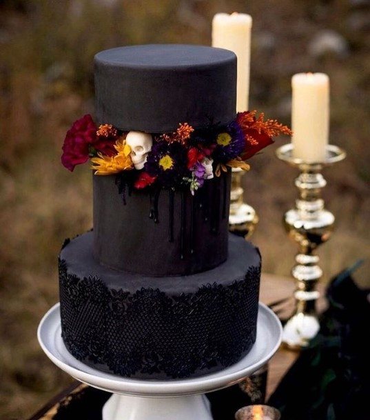 Jet Black Halloween Wedding Cake With Flowers