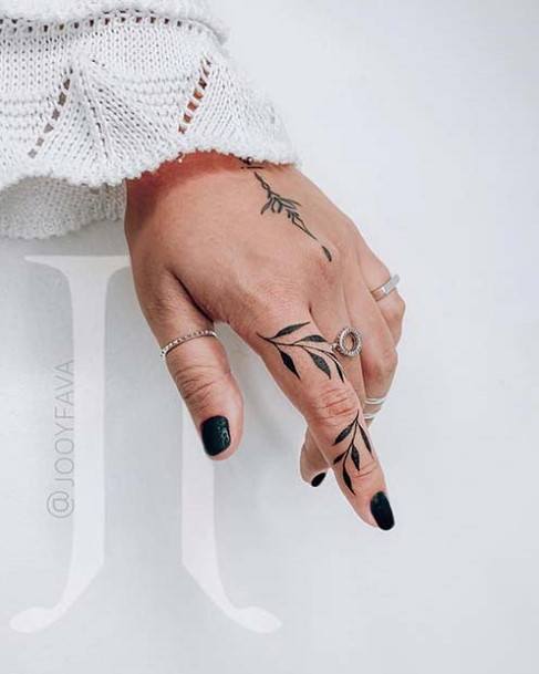 Jet Black Leaves Tattoo Womens Fingers