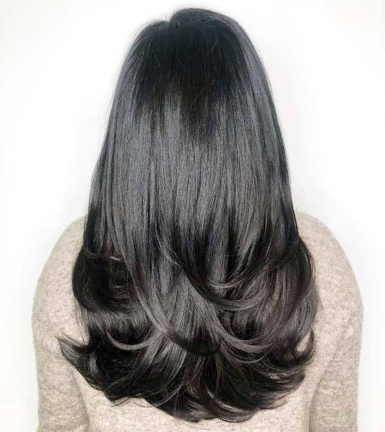 Jet Black Long Layered Hair On Female Straight Shiny