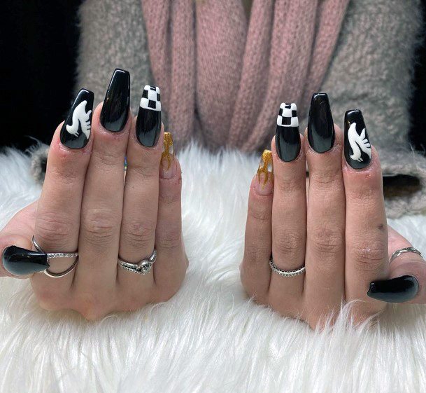 Jet Black Nails Checkered Women