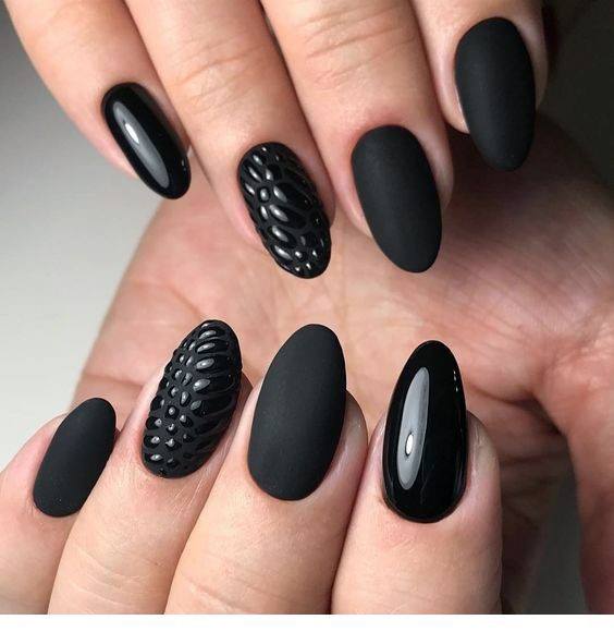 Jet Black Nails With Multiple Effects Women